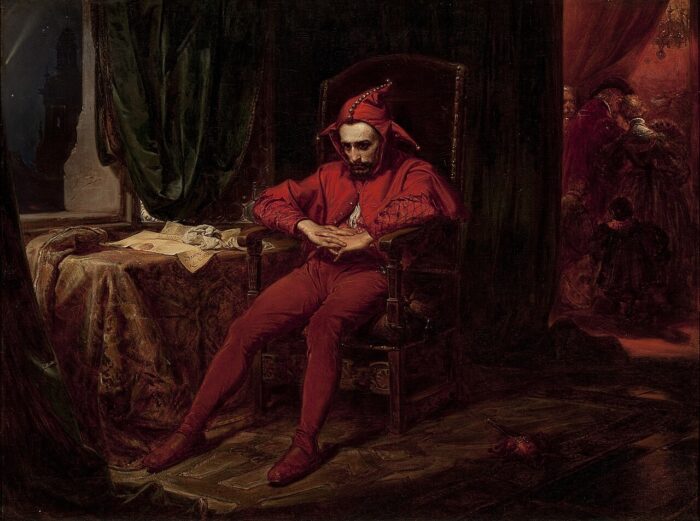 the painting Stańczyk by Jan Matejko, featuring a jester clad in red, seated, apparently dissociating or maybe simply not masking. the expression bears an uncanny resemblance to my own picture