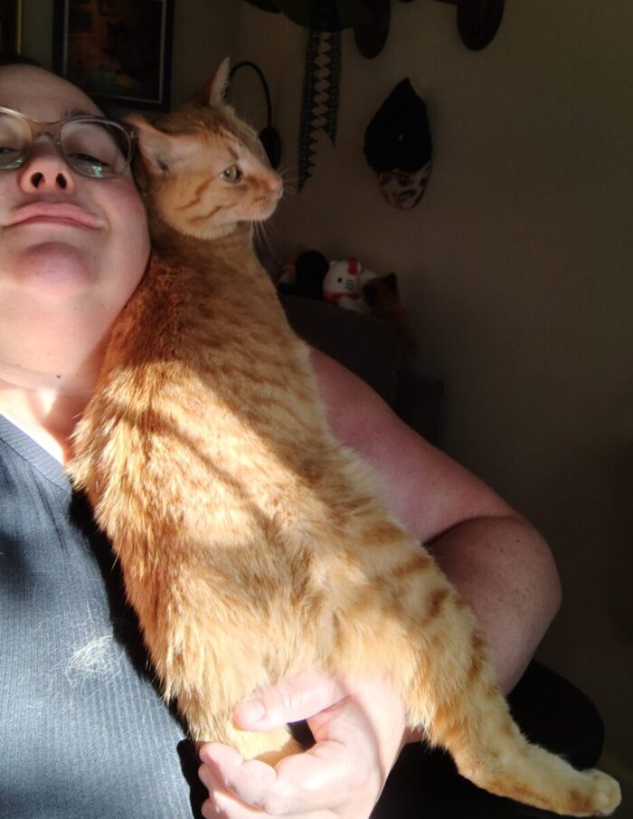 Fritz the cat cuddling against my shoulder and chest and looking over his shoulder towards the camera