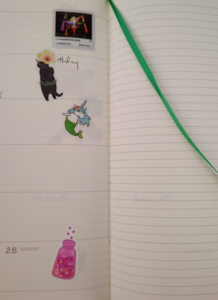 stickers in my planner featuring a piñata, cat with a flower, a unicorn mermaid, and a magic salt shaker