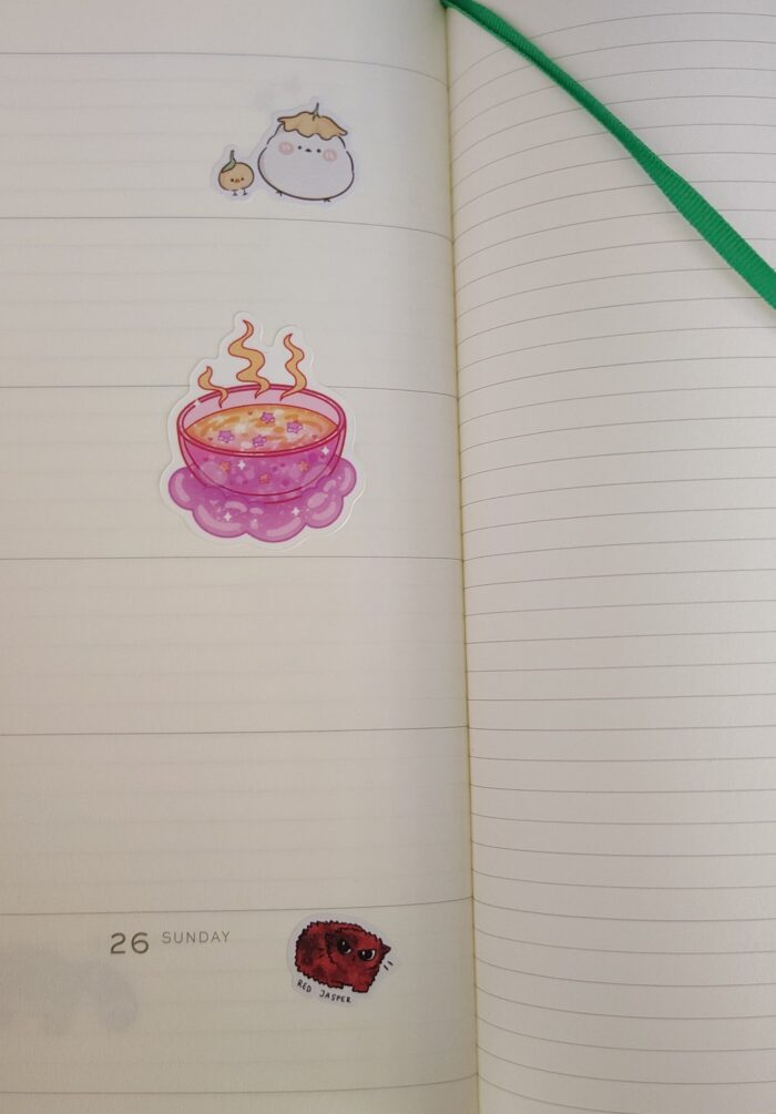 my planner with stickers of a fat bird, a magical bowl of soup, and a prickly red cat