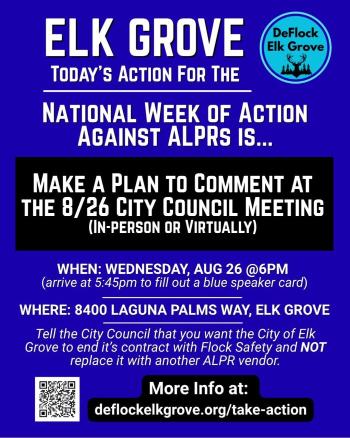 A flyer asking people to comment at the August 26 Elk Grove City Council meeting against Flock and ALPRs
