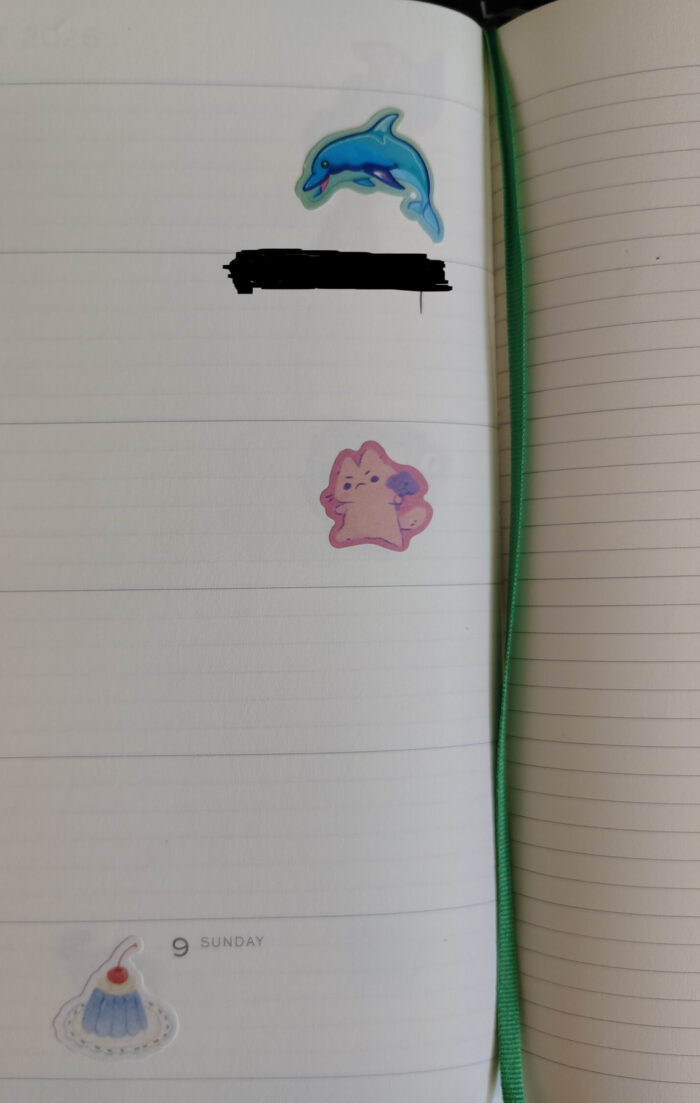 my planner with stickers of a dolphin, a grumpy cartoon cat with flowers, and a pudding of some sort