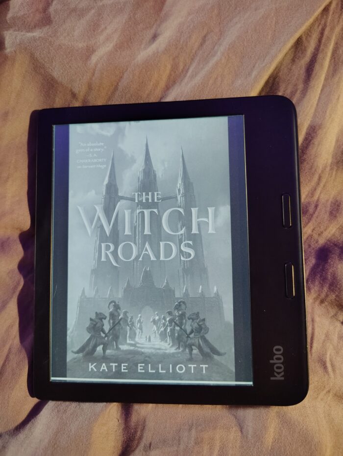book cover for The Witch Roads shown in greyscale on kobo ereader