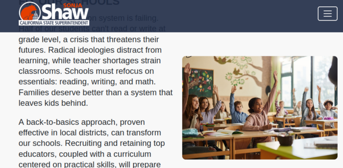 screenshot from Sonja Shaw's website showing an image of kids in a classroom that is clearly AI generated. A girl on the left is raising a hand that extends improbably far above her head.